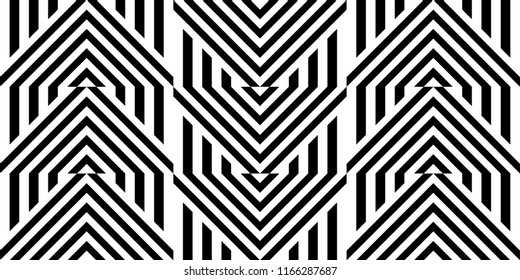 Seamless pattern with striped black white straight lines and diagonal inclined lines (zigzag, chevron). Optical illusion effect, op art. Vector vibrant decorative background, texture.