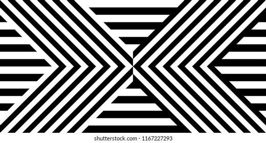 Seamless pattern with striped black white straight lines and diagonal inclined lines (zigzag, chevron). Optical illusion effect, op art. Vector vibrant decorative background, texture.