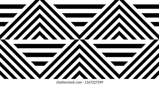 Seamless pattern with striped black white straight lines and diagonal inclined lines (zigzag, chevron). Optical illusion effect, op art. Vector vibrant decorative background, texture.