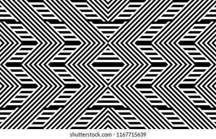 Seamless pattern with striped black white straight lines and diagonal inclined lines (zigzag, chevron). Optical illusion effect, op art. Background for cloth, fabric, textile, tartan.