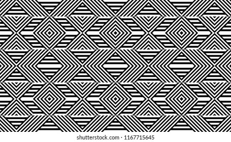 Seamless pattern with striped black white straight lines and diagonal inclined lines (zigzag, chevron). Optical illusion effect, op art. Background for cloth, fabric, textile, tartan.