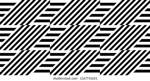 Seamless pattern with striped black white straight lines and diagonal inclined lines (zigzag, chevron). Optical illusion effect, op art. Vector vibrant decorative background, texture.