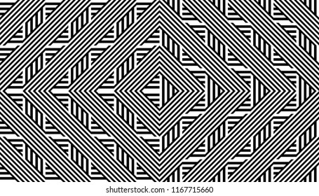 Seamless pattern with striped black white straight lines and diagonal inclined lines (zigzag, chevron). Optical illusion effect, op art. Background for cloth, fabric, textile, tartan.