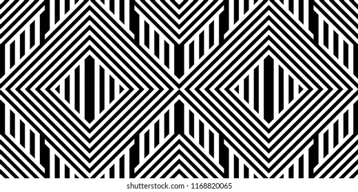 Seamless pattern with striped black white straight lines and diagonal inclined lines (zigzag, chevron). Optical illusion effect, op art. Background for cloth, fabric, textile, tartan.