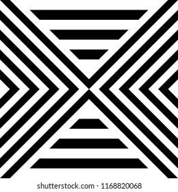 Seamless pattern with striped black white straight lines and diagonal inclined lines (zigzag, chevron). Optical illusion effect, op art. Vector vibrant decorative background, texture.