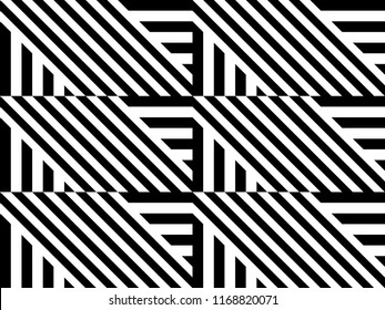 Seamless pattern with striped black white straight lines and diagonal inclined lines (zigzag, chevron). Optical illusion effect, op art. Vector vibrant decorative background, texture.