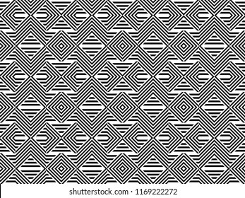 Seamless pattern with striped black white straight lines and diagonal inclined lines. Optical illusion effect. Geometric op art style. Vector illusive background for cloth, textile, print, web.