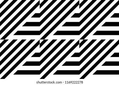 Seamless pattern with striped black white straight lines and diagonal inclined lines (zigzag, chevron). Optical illusion effect, op art. Vector vibrant decorative background, texture.