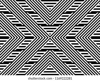 Seamless pattern with striped black white straight lines and diagonal inclined lines (zigzag, chevron). Optical illusion effect, op art. Background for cloth, fabric, textile, tartan.