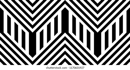 Seamless pattern with striped black white straight lines and diagonal inclined lines (zigzag, chevron). Optical illusion effect, op art. Vector vibrant decorative background, texture.
