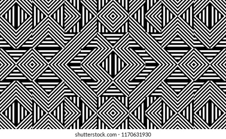 Seamless pattern with striped black white straight lines and diagonal inclined lines (zigzag, chevron). Optical illusion effect, op art. Background for cloth, fabric, textile, tartan.