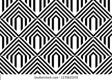 Seamless pattern with striped black white straight lines and diagonal inclined lines (zigzag, chevron). Optical illusion effect, op art. Vector vibrant decorative background, texture.