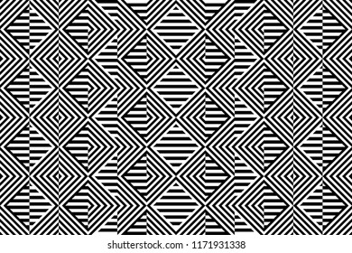 Seamless pattern with striped black white straight lines and diagonal inclined lines (zigzag, chevron). Optical illusion effect, op art. Background for cloth, fabric, textile, tartan.