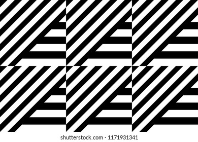 Seamless pattern with striped black white straight lines and diagonal inclined lines (zigzag, chevron). Optical illusion effect, op art. Vector vibrant decorative background, texture.