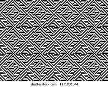Seamless pattern with striped black white straight lines and diagonal inclined lines. Optical illusion effect. Geometric op art style. Vector illusive background for cloth, textile, print, web.