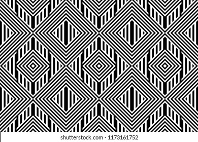 Seamless pattern with striped black white straight lines and diagonal inclined lines (zigzag, chevron). Optical illusion effect, op art. Background for cloth, fabric, textile, tartan.