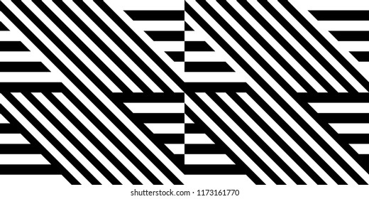Seamless pattern with striped black white straight lines and diagonal inclined lines (zigzag, chevron). Optical illusion effect, op art. Vector vibrant decorative background, texture.