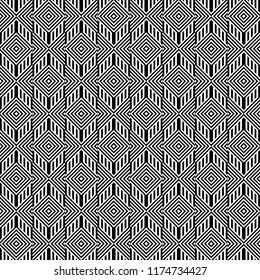 Seamless pattern with striped black white straight lines and diagonal inclined lines. Optical illusion effect. Geometric op art style. Vector illusive background for cloth, textile, print, web.