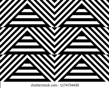 Seamless pattern with striped black white straight lines and diagonal inclined lines (zigzag, chevron). Optical illusion effect, op art. Vector vibrant decorative background, texture.