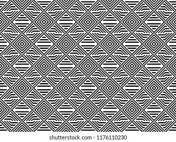 Seamless pattern with striped black white straight lines and diagonal inclined lines. Optical illusion effect. Geometric op art style. Vector illusive background for cloth, textile, print, web.
