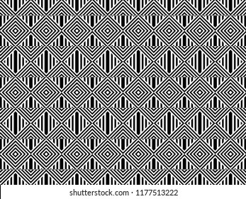 Seamless pattern with striped black white straight lines and diagonal inclined lines. Optical illusion effect. Geometric op art style. Vector illusive background for cloth, textile, print, web.