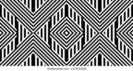 Seamless pattern with striped black white straight lines and diagonal inclined lines (zigzag, chevron). Optical illusion effect, op art. Background for cloth, fabric, textile, tartan.