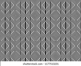 Seamless pattern with striped black white straight lines and diagonal inclined lines. Optical illusion effect. Geometric op art style. Vector illusive background for cloth, textile, print, web.