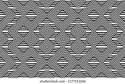 Seamless pattern with striped black white straight lines and diagonal inclined lines (zigzag, chevron). Optical illusion effect, op art. Background for cloth, fabric, textile, tartan.