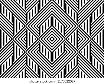 Seamless pattern with striped black white straight lines and diagonal inclined lines (zigzag, chevron). Optical illusion effect, op art. Background for cloth, fabric, textile, tartan.