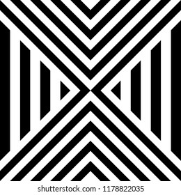 Seamless pattern with striped black white straight lines and diagonal inclined lines (zigzag, chevron). Optical illusion effect, op art. Vector vibrant decorative background, texture.