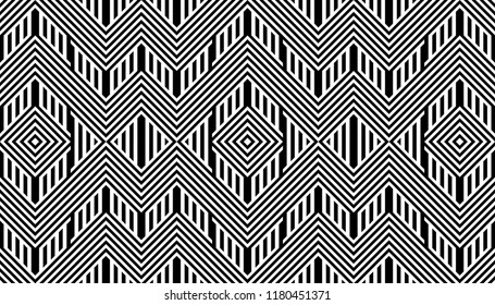 Seamless pattern with striped black white straight lines and diagonal inclined lines (zigzag, chevron). Optical illusion effect, op art. Background for cloth, fabric, textile, tartan.