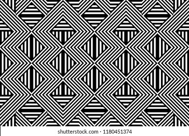 Seamless pattern with striped black white straight lines and diagonal inclined lines (zigzag, chevron). Optical illusion effect, op art. Background for cloth, fabric, textile, tartan.