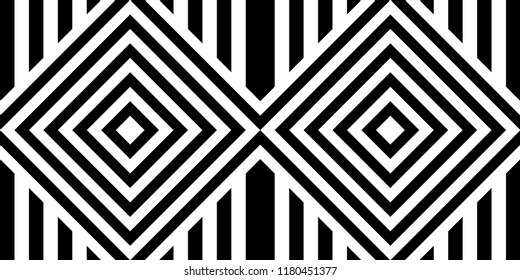 Seamless pattern with striped black white straight lines and diagonal inclined lines (zigzag, chevron). Optical illusion effect, op art. Vector vibrant decorative background, texture.