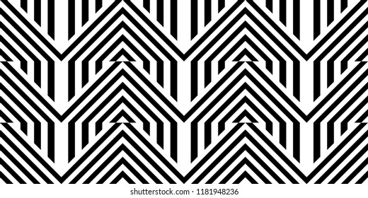 Seamless pattern with striped black white straight lines and diagonal inclined lines (zigzag, chevron). Optical illusion effect, op art. Vector vibrant decorative background, texture.