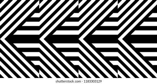Seamless pattern with striped black white straight lines and diagonal inclined lines (zigzag, chevron). Optical illusion effect, op art. Vector vibrant decorative background, texture.