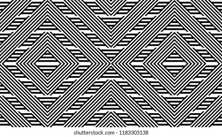 Seamless pattern with striped black white straight lines and diagonal inclined lines (zigzag, chevron). Optical illusion effect, op art. Background for cloth, fabric, textile, tartan.