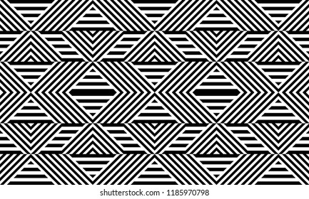 Seamless pattern with striped black white straight lines and diagonal inclined lines (zigzag, chevron). Optical illusion effect, op art. Background for cloth, fabric, textile, tartan.