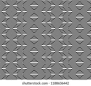 Seamless pattern with striped black white straight lines and diagonal inclined lines. Optical illusion effect. Geometric op art style. Vector illusive background for cloth, textile, print, web.