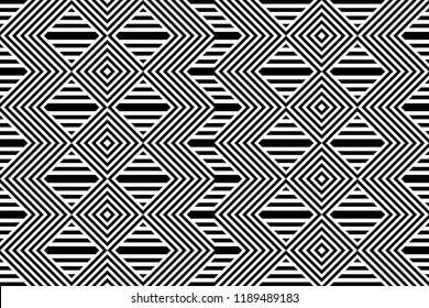Seamless pattern with striped black white straight lines and diagonal inclined lines (zigzag, chevron). Optical illusion effect, op art. Background for cloth, fabric, textile, tartan.