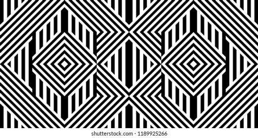 Seamless pattern with striped black white straight lines and diagonal inclined lines (zigzag, chevron). Optical illusion effect, op art. Background for cloth, fabric, textile, tartan.