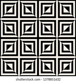 Seamless pattern with striped black white diagonal lines, square, rhombus. Optical illusion effect. Geometric tile in op art. Vector illusive background. Futuristic vibrant design