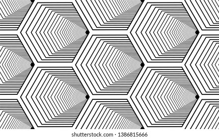 Seamless pattern with striped black white diagonal lines. Rhomboid scales. Optical illusion effect. Geometric tile in op art. Vector illusive background. Futuristic vibrant design.