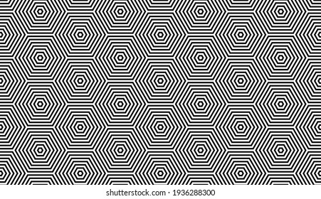 Seamless pattern with striped black white diagonal lines (zigzag, chevron). Rhomboid scales. Optical illusion effect. Geometric tile in op art. Vector illusive background. Futuristic vibrant design.