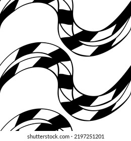 Seamless pattern with striped black white diagonal lines (zigzag, chevron). Square scales. Optical illusion effect. Geometric tile in opt art. Futuristic vibrant design.