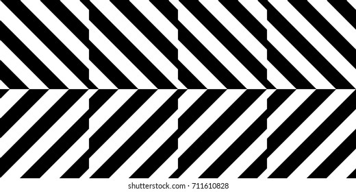 Seamless pattern with striped black white diagonal lines. Optical illusion effect. Geometric tile in op art style. Vector illusive background. Futuristic vibrant design.