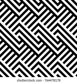 Seamless pattern with striped black white diagonal lines (zigzag, chevron). Optical illusion effect. Geometric tile in op art. Vector illusive background. Futuristic vibrant design.