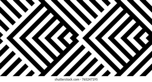 Seamless pattern with striped black white diagonal lines (zigzag, chevron). Rhomboid scales. Optical illusion effect. Geometric tile in op art. Vector illusive background. Futuristic vibrant design.