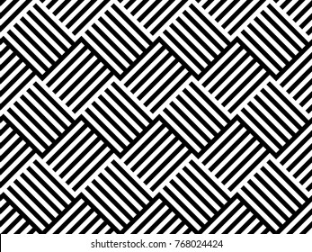 Seamless pattern with striped black white diagonal lines (zigzag, chevron). Rhomboid scales. Optical illusion effect. Geometric tile in op art. Vector illusive background. Futuristic vibrant design.