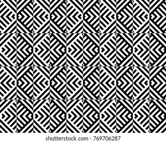 Seamless pattern with striped black white diagonal lines (zigzag, chevron). Rhomboid scales. Optical illusion effect. Geometric tile in op art. Vector illusive background. Futuristic vibrant design.