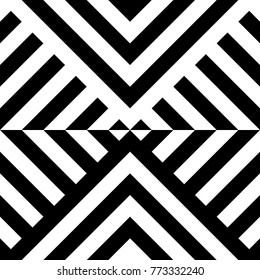 Seamless pattern with striped black white diagonal lines ,zigzag, chevron. Optical illusion effect. Geometric tile in op art. Vector illusive background. Futuristic vibrant design.